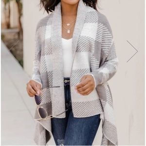gingham check flyaway shawl collar open cardigan